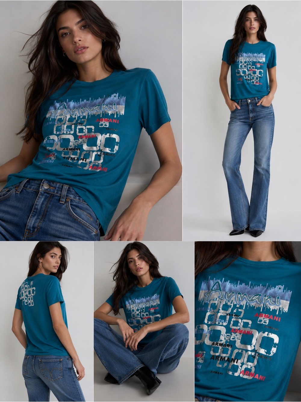 Armani Jeans Teal Blue Logo Graphic Crew Tee Shirt Size M Cotton Unisex